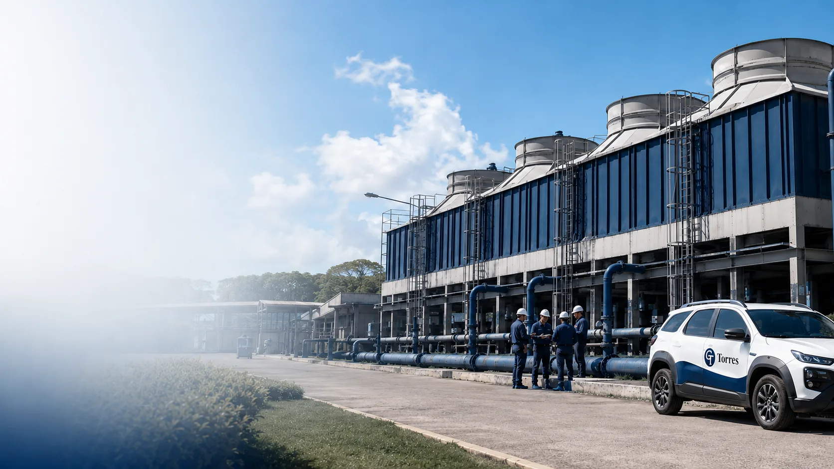 Equipe GT Torres em planta industrial com torres de resfriamento